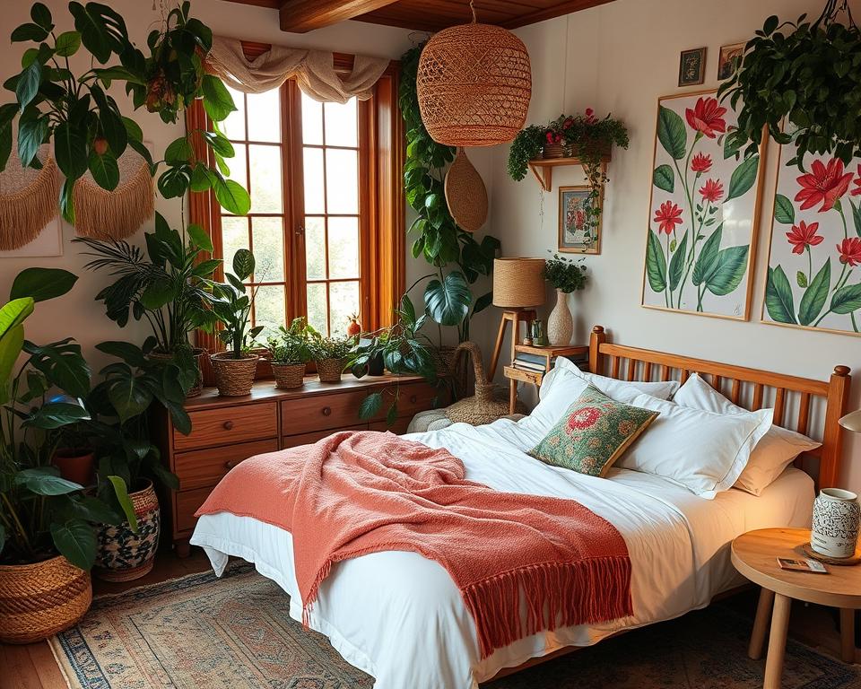 Bohemian Bedroom with Houseplants and Botanical Prints